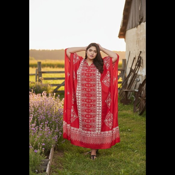 Women Plus Size Fit and Flare Floral Red Kaftan Maxi Dress by Gypsie Blu - Picture 1 of 8